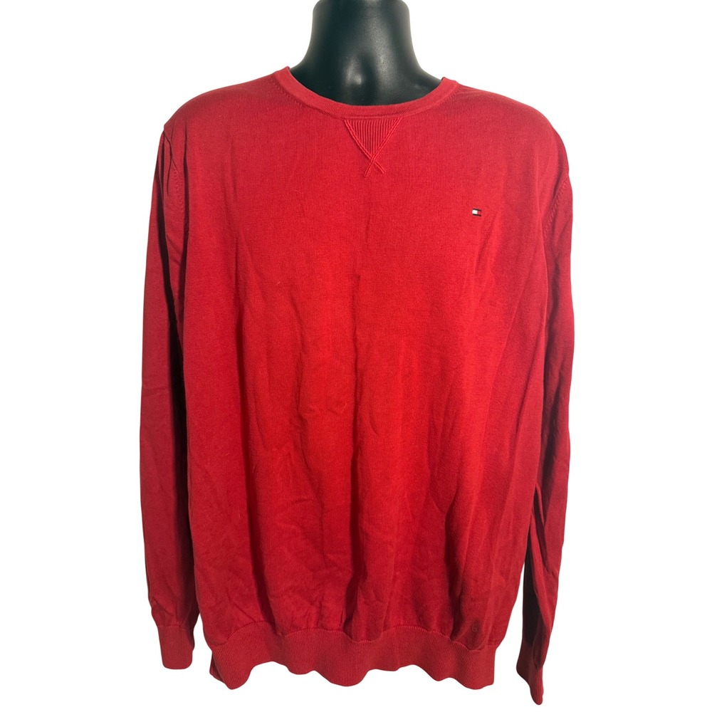 Tommy Hilfiger Mens Red Cotton Crewneck Sweater XXL Long Sleeve Logo Knit